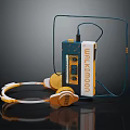 Yellow and White Headphones with Blue UNDERMOON Cassette Player on Dark Reflective Background