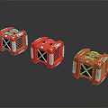 Three Red Cargo Boxes With White Cross Design And Reflective Surface 3d model