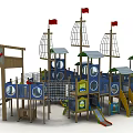 Pirate Ship Themed Playground Equipment with Multiple Towers Slides Nets and Flags 3d model