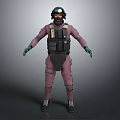 Character In Pink Uniform Wearing Helmet Goggles Black Bulletproof Vest Green Gloves And Black Boots