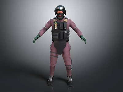 Character In Pink Uniform Wearing Helmet Goggles Black Bulletproof Vest Green Gloves And Black Boots 3d model