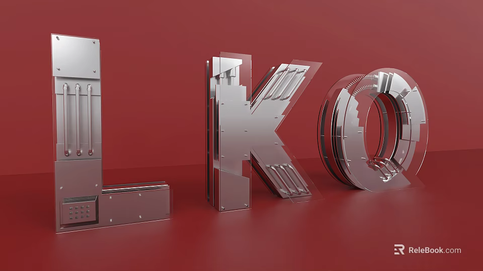 3D Metallic L K O Letters Design On Red Background With Modern Sleek Look 3d model 