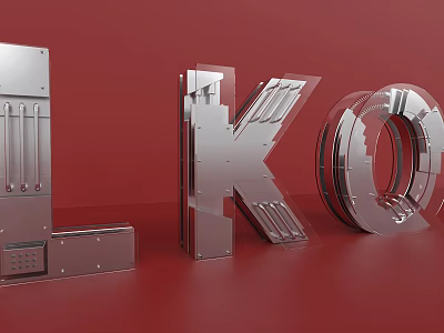 3D Metallic L K O Letters Design On Red Background With Modern Sleek Look 3d model