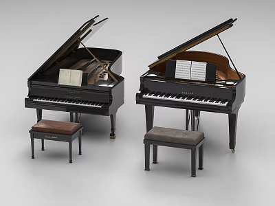 Stylish Two Black Grand Pianos With Wooden Stools And Sheet Music On Top 3d model