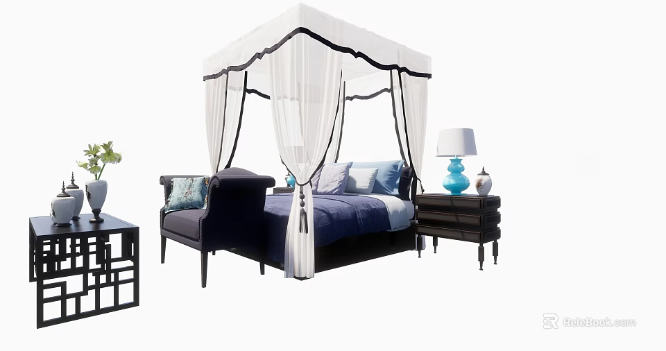 Elegant Canopy Double Bed With White Curtains Blue Bedding And Nightstand 3d model 