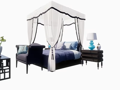 Elegant Canopy Double Bed With White Curtains Blue Bedding And Nightstand 3d model