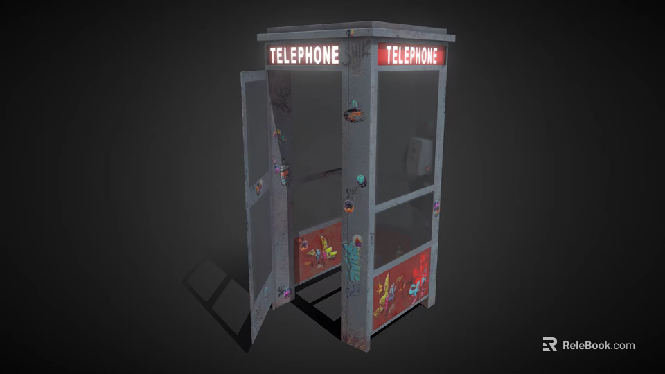 Public Telephone Booth Exterior With Open Door And Vintage Graffiti Art 3d model 