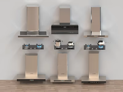 Various Modern Kitchen Appliances Featuring Range Hoods And Gas Stoves On 3d model