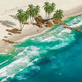 Tropical Waterfront Landscape With Sandy Beach Palm Trees Rocks And Clear Blue Waves