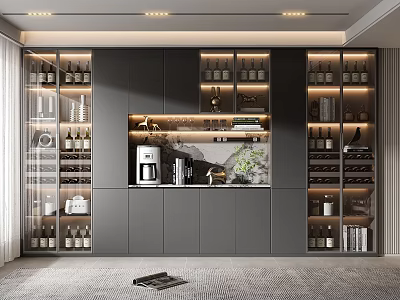 Modern Dark Gray Wine Cabinet With Glass Doors LED Lighting And Wine Bottles 3d model