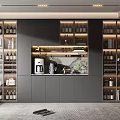 Modern Dark Gray Wine Cabinet With Glass Doors LED Lighting And Wine Bottles