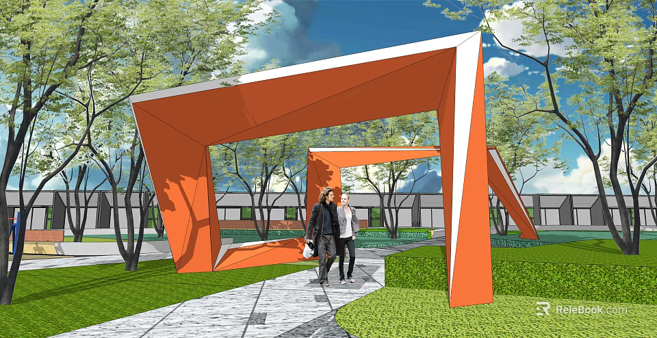 Orange Modern Geometric Pergola With People Walking On Stone Path Among Grass And Trees 3d model 