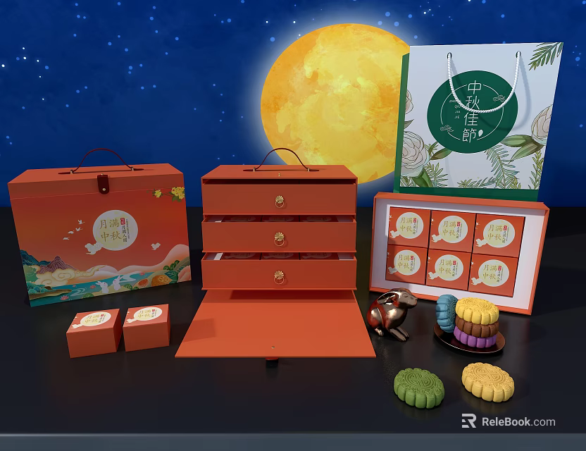 Mid Autumn Mooncake Gift Boxes With Red Packaging Green Patterns And Delicious Pastries 3d model 
