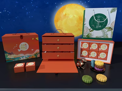 Mid Autumn Mooncake Gift Boxes With Red Packaging Green Patterns And Delicious Pastries 3d model
