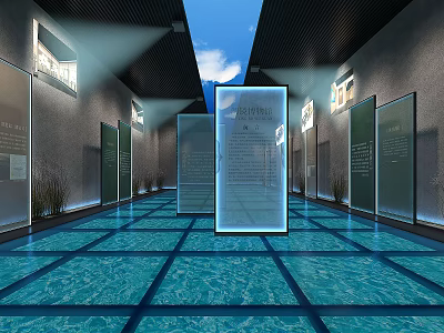 Modern Exhibition Interior With Transparent Display Screens And Blue Water Like Floor 3d model