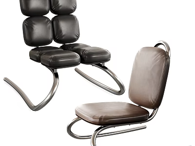Stylish Black And Brown Leather Leisure Chairs With Curved Metal Frames And Padded Backrests 3d model