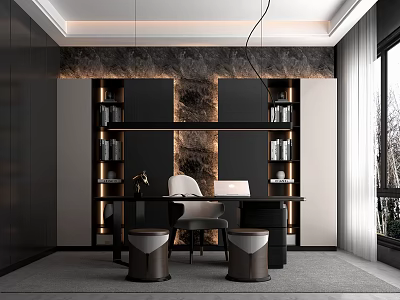 Modern Study Room Interior With Black Bookshelves Writing Desk And Marble Accent Wall 3d model