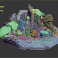 Modern 3D Cartoon Natural Scene With Mountain Trees Waterfall Pond And Figure