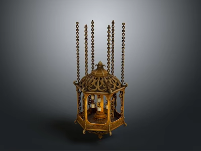 Antique Golden Lantern With Intricate Metal Frame And Hanging Chains 3d model