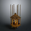 Antique Golden Lantern With Intricate Metal Frame And Hanging Chains