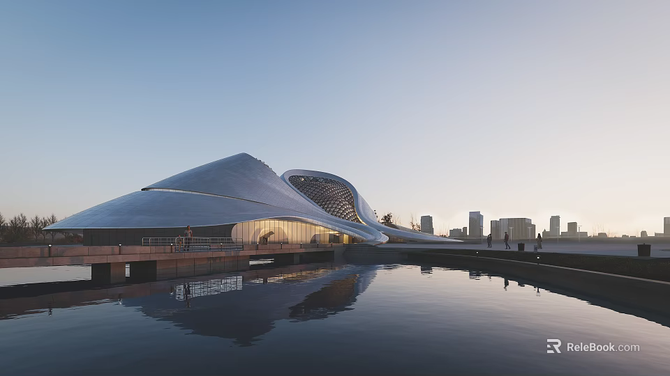 Modern Cultural Center Building Featuring Streamlined Roof And Reflective Water Surface 3d model 