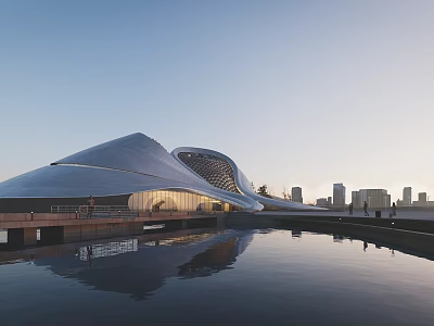 Modern Cultural Center Building Featuring Streamlined Roof And Reflective Water Surface 3d model