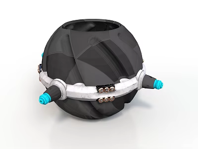 Black Mechanical Sphere With Geometric Texture Silver Ring Blue Cylindrical Parts And Metal Fasteners 3d model