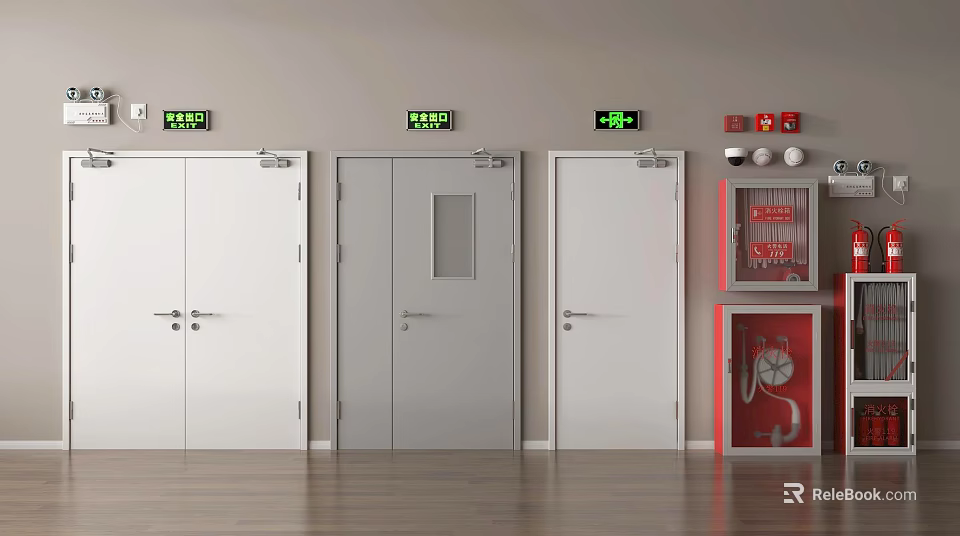 Interior With Three White Doors Green Exit Signs And Red Fire Safety Equipment 3d model 