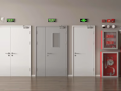 Interior With Three White Doors Green Exit Signs And Red Fire Safety Equipment 3d model