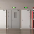 Interior With Three White Doors Green Exit Signs And Red Fire Safety Equipment