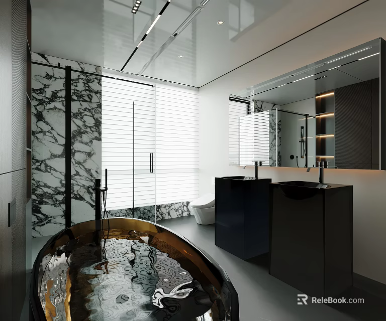Sleek Modern Bathroom Interior Design With Marble Shower Freestanding Bathtub And Double Sink Vanities 3d model 