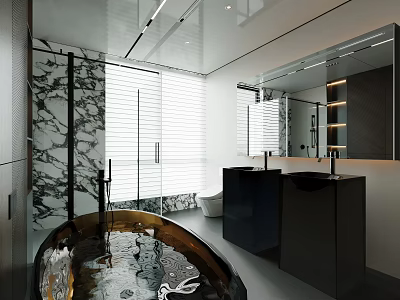 Sleek Modern Bathroom Interior Design With Marble Shower Freestanding Bathtub And Double Sink Vanities 3d model