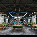 Spacious Modern Billiard Room Interior With Multiple Green Felt Tables And Ceiling Lighting 3d model