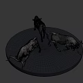 Three Silver Bull Sculptures On Black Circular Platform With Dark Background