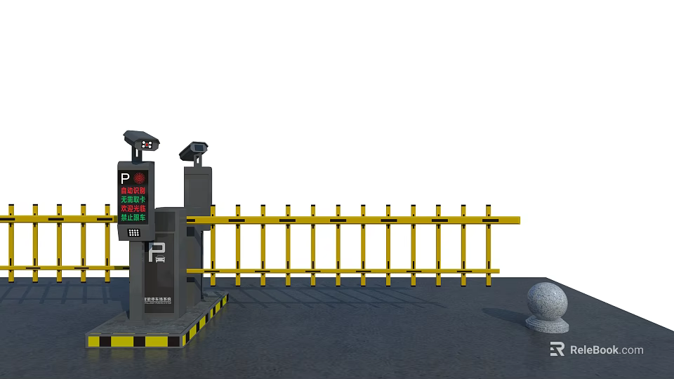 Public Facility Automatic Parking Barrier With Yellow Railings Cameras And Control Machine 3d model