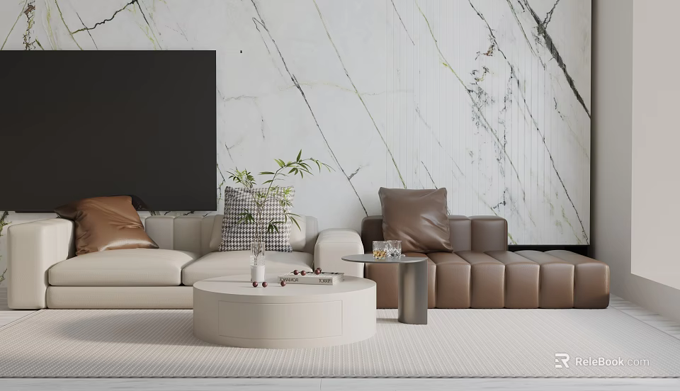 Modern Three Seater Sofa Living Room with Marble Wall Pillows and Coffee Table 3d model 