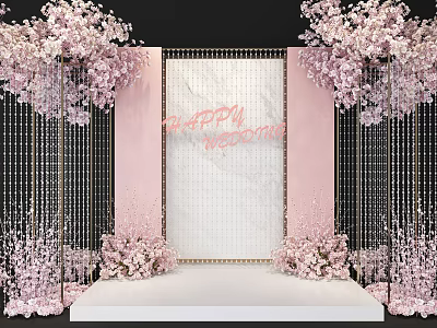 Romantic Wedding Stage Setup With Pink Cherry Blossoms White Backdrop And Happy Wedding Sign 3d model