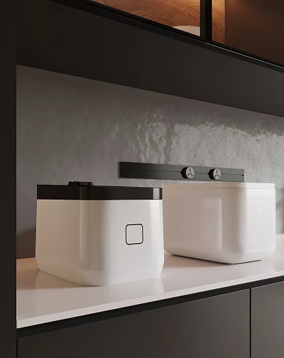 White Kitchen Appliances On Countertop With Gray Wall And Black Control Strip 3d model