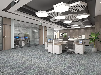 Modern Public Office Area With Open Layout Desks Office Chairs And Lighting Fixtures 3d model