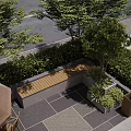 Outdoor Landscape Seating With Wooden Bench In Paved Area Surrounded By Trees And Bushes