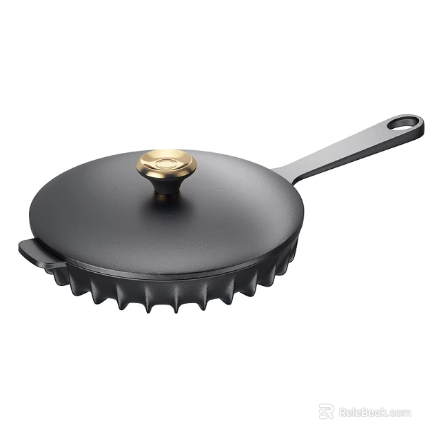 Stylish Black Cast Iron Pan With Gold Knob And Serrated Edge Long Handle 3d model 