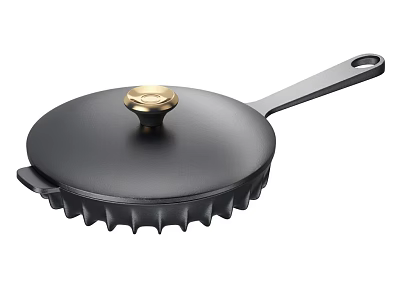 Stylish Black Cast Iron Pan With Gold Knob And Serrated Edge Long Handle 3d model