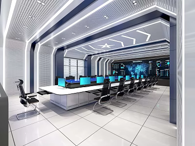 Modern Control Room Interior Featuring Multiple Computer Screens Workstations And Advanced Data Displays 3d model