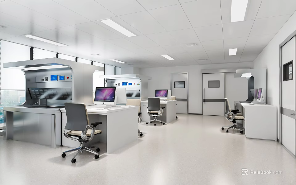 Modern Laboratory Interior Equipped With Workstations Computers Ergonomic Chairs And Cabinetry 3d model 
