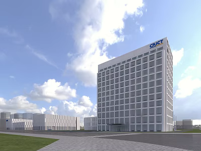Tall Modern Office Building With SALT Logo Blue Sky White Clouds Green Lawn Plaza Area 3d model
