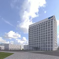 Tall Modern Office Building With SALT Logo Blue Sky White Clouds Green Lawn Plaza Area