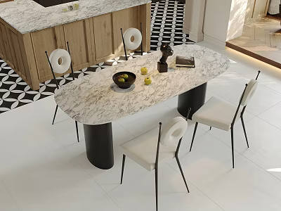 Modern Dining Table Set With Marble Top Black Legs And White Chairs 3d model