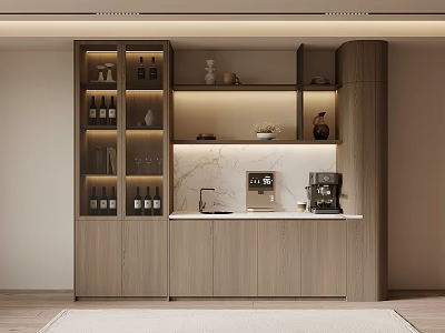 Modern Wooden Wine Cabinet With Wine Bottles Coffee Machine And Storage Shelves 3d model