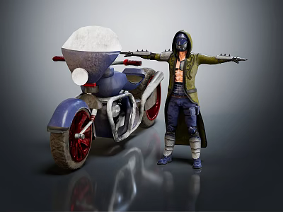 Hooded Action Figure With Arms Outstretched Next To Blue Motorcycle Red Wheels White Front 3d model