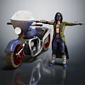 Hooded Action Figure With Arms Outstretched Next To Blue Motorcycle Red Wheels White Front